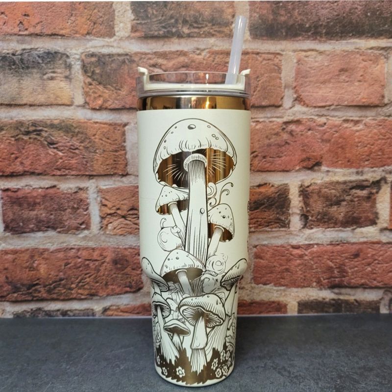 Mushroom Tumbler, 40oz Tumbler, Butterfly Tumbler, Cream and Copper Tumbler, Laser Engraved Wrap,, Whimsical Forest Themed Tumbler (Black Copper)