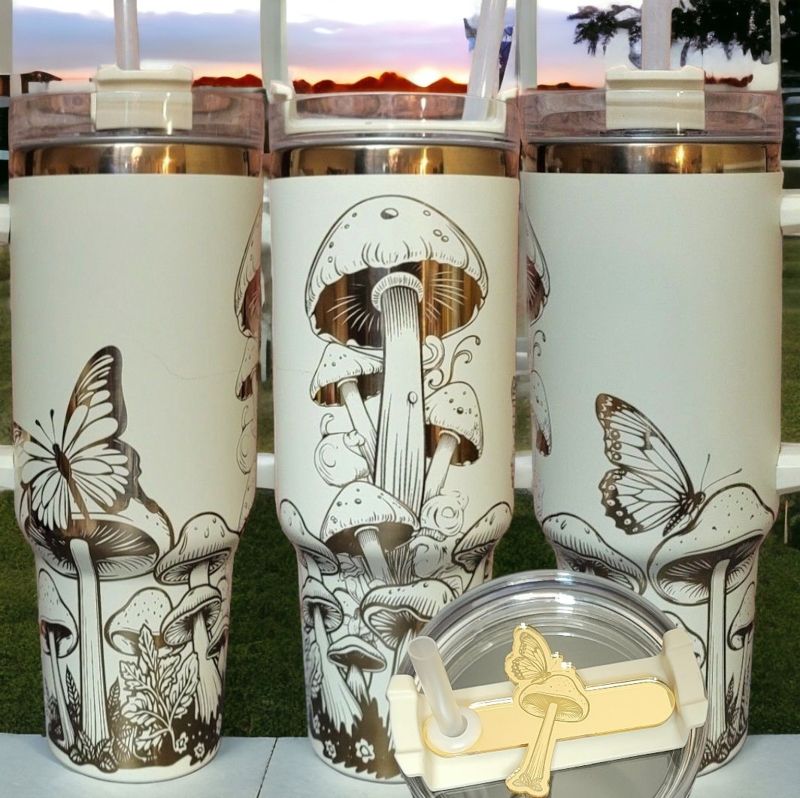 Mushroom Tumbler, 40oz Tumbler, Butterfly Tumbler, Cream and Copper Tumbler, Laser Engraved Wrap,, Whimsical Forest Themed Tumbler (Black Copper)