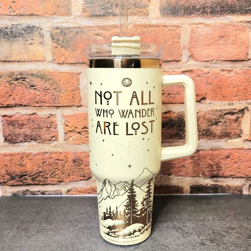 Not All Who Wander Are Lost Tumbler, Copper Engraved Tumbler, Copper and Cream, 40oz Tumbler, Wanderer, Mountain Scene (Black Copper)