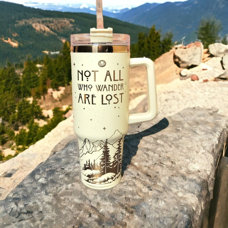 Not All Who Wander Are Lost Tumbler, Copper Engraved Tumbler, Copper and Cream, 40oz Tumbler, Wanderer, Mountain Scene (Black Copper)