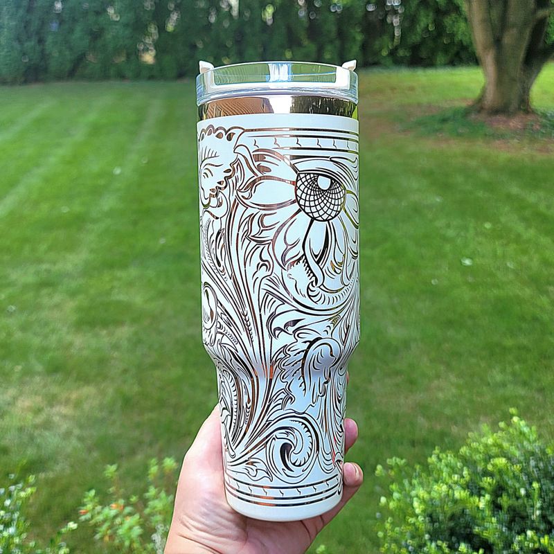 Copper Engraved Tumbler, Copper and Cream, 40oz Tumbler, Tooled Leather Sunflower, Western Tumbler, Paisley Scroll Design (Black Copper)