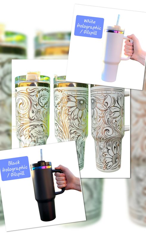 Rainbow Engraved Tumbler, Oil Spill Tumbler, 40oz Tumbler, Tooled Leather Sunflower, Western Tumbler, Paisley Scroll Design, Holographic (Black Rainbow, Design Only)