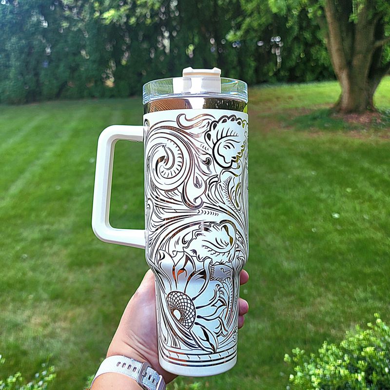 Rainbow Engraved Tumbler, Oil Spill Tumbler, 40oz Tumbler, Tooled Leather Sunflower, Western Tumbler, Paisley Scroll Design, Holographic (Black Rainbow, Design Only)