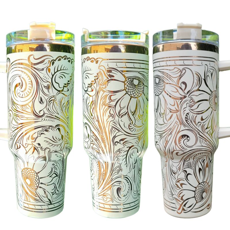 Rainbow Engraved Tumbler, Oil Spill Tumbler, 40oz Tumbler, Tooled Leather Sunflower, Western Tumbler, Paisley Scroll Design, Holographic (Black Rainbow, Design Only)