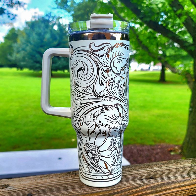 Rainbow Engraved Tumbler, Oil Spill Tumbler, 40oz Tumbler, Tooled Leather Sunflower, Western Tumbler, Paisley Scroll Design, Holographic (Black Rainbow, Design Only)