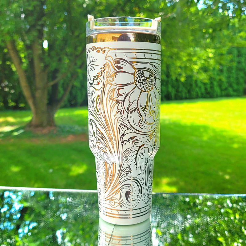 Rainbow Engraved Tumbler, Oil Spill Tumbler, 40oz Tumbler, Tooled Leather Sunflower, Western Tumbler, Paisley Scroll Design, Holographic (Black Rainbow, Design Only)