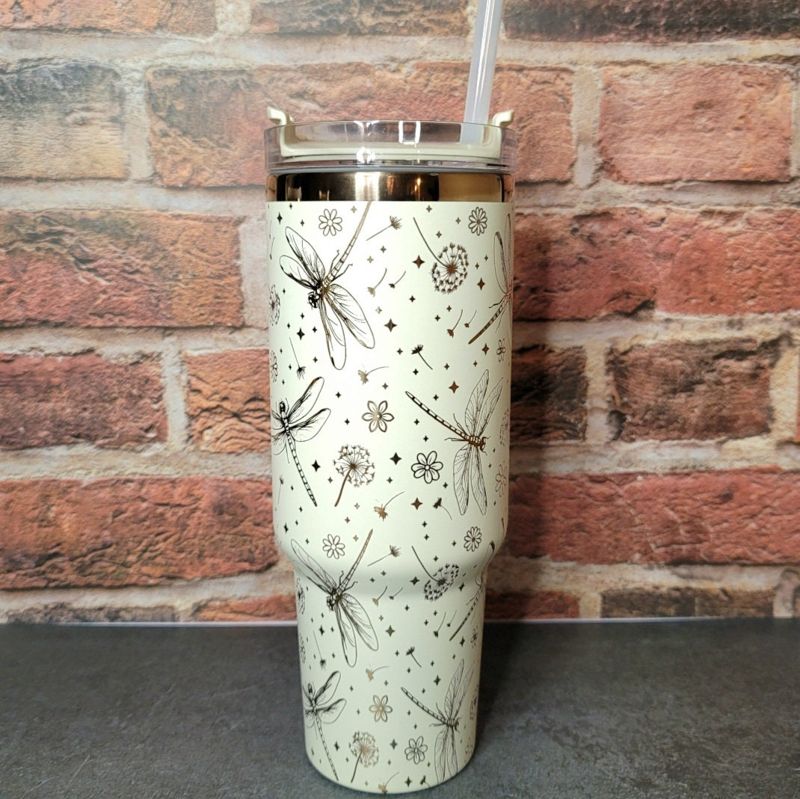 Rainbow Dragonfly Tumbler, Dandelion Tumbler, 40oz Tumbler, Rainbow Tumbler, Whimsical Tumbler, Laser Engraved Tumbler (Black Rainbow)