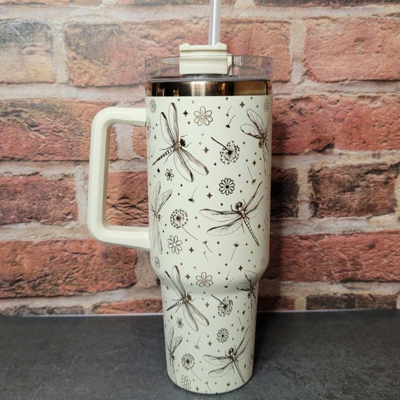 Rainbow Dragonfly Tumbler, Dandelion Tumbler, 40oz Tumbler, Rainbow Tumbler, Whimsical Tumbler, Laser Engraved Tumbler (Black Rainbow)