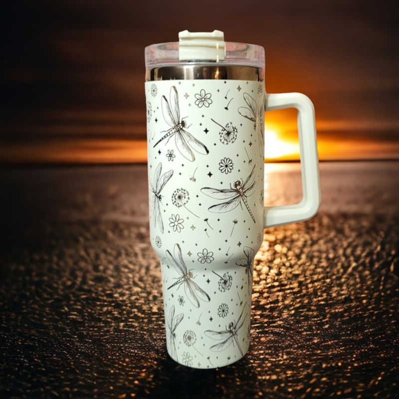 Rainbow Dragonfly Tumbler, Dandelion Tumbler, 40oz Tumbler, Rainbow Tumbler, Whimsical Tumbler, Laser Engraved Tumbler (Black Rainbow)