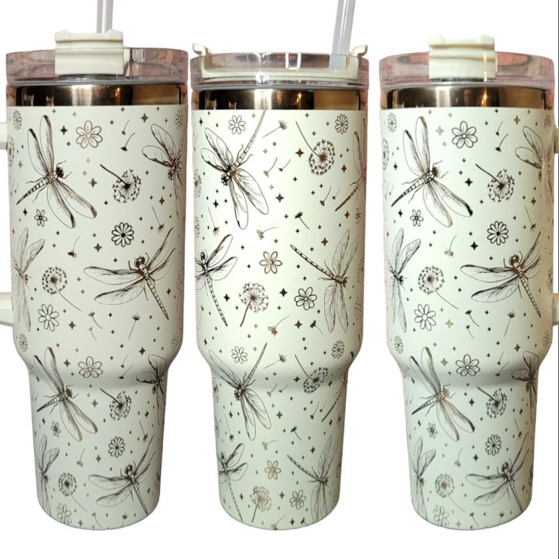 Rainbow Dragonfly Tumbler, Dandelion Tumbler, 40oz Tumbler, Rainbow Tumbler, Whimsical Tumbler, Laser Engraved Tumbler (Black Rainbow)