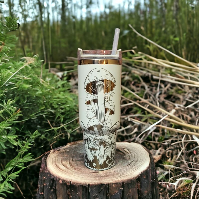 Rainbow Mushroom Tumbler, 40oz Tumbler, Butterfly Tumbler, Holographic Tumbler, Laser Engraved Wrap, Whimsical Forest Themed Tumbler (Black Rainbow)