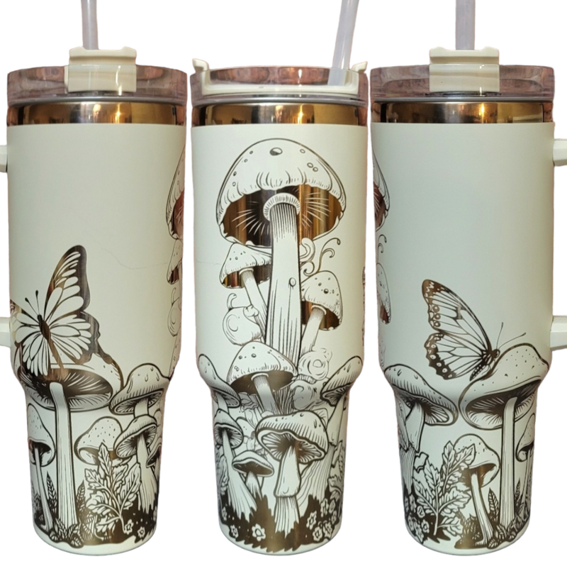 Rainbow Mushroom Tumbler, 40oz Tumbler, Butterfly Tumbler, Holographic Tumbler, Laser Engraved Wrap, Whimsical Forest Themed Tumbler (Black Rainbow)