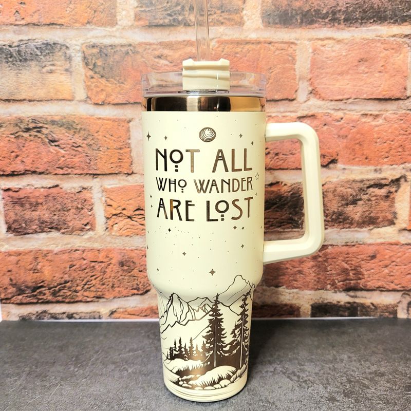 Rainbow Not All Who Wander Are Lost Tumbler, Copper Engraved Tumbler, Copper and Cream, 40oz Tumbler, Wanderer, Mountain Scene (Black Rainbow)