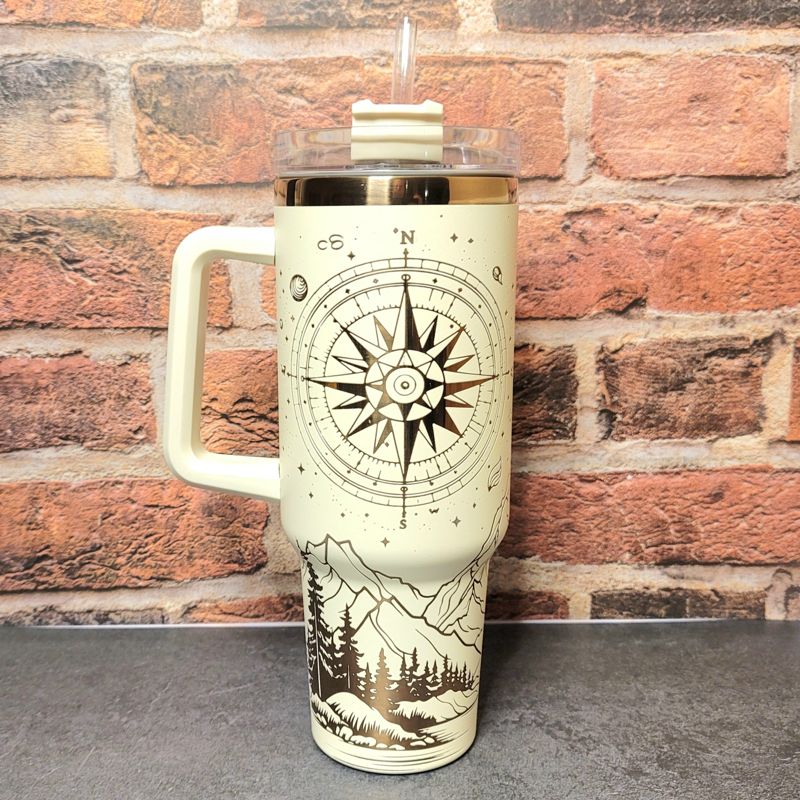 Rainbow Not All Who Wander Are Lost Tumbler, Copper Engraved Tumbler, Copper and Cream, 40oz Tumbler, Wanderer, Mountain Scene (Black Rainbow)