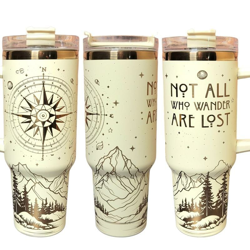 Rainbow Not All Who Wander Are Lost Tumbler, Copper Engraved Tumbler, Copper and Cream, 40oz Tumbler, Wanderer, Mountain Scene (Black Rainbow)