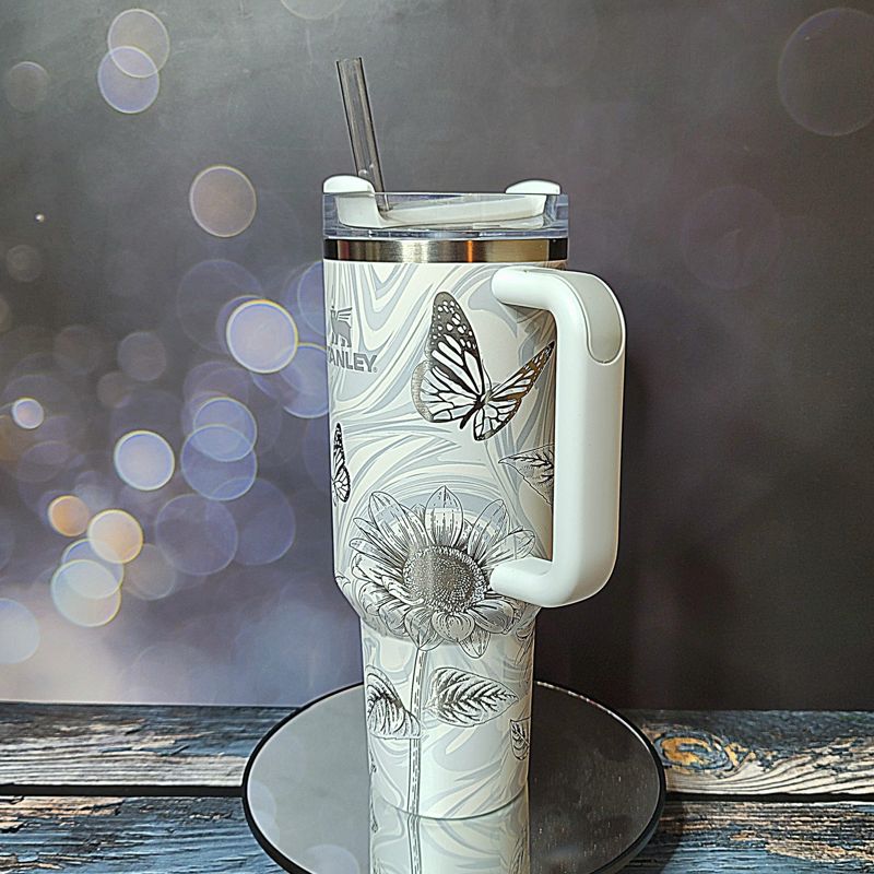 Butterfly Sunflower Stanley, Wildflower Engraved Tumbler, Personalized Tumbler, Matching Topper (30oz Charcoal H2.0, Design Only)