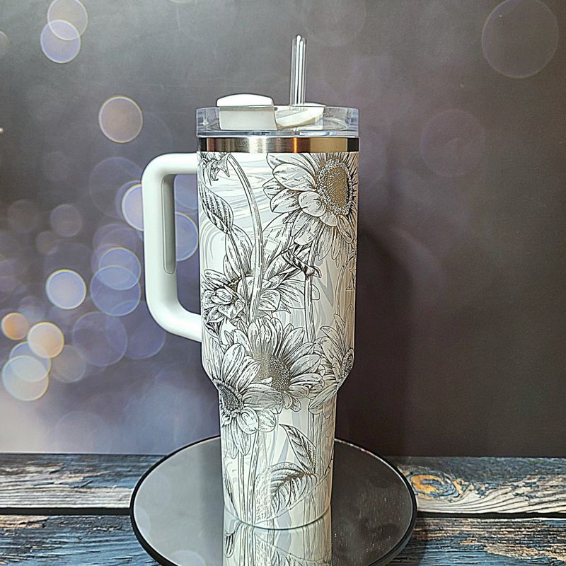 Butterfly Sunflower Stanley, Wildflower Engraved Tumbler, Personalized Tumbler, Matching Topper (30oz Charcoal H2.0, Design Only)