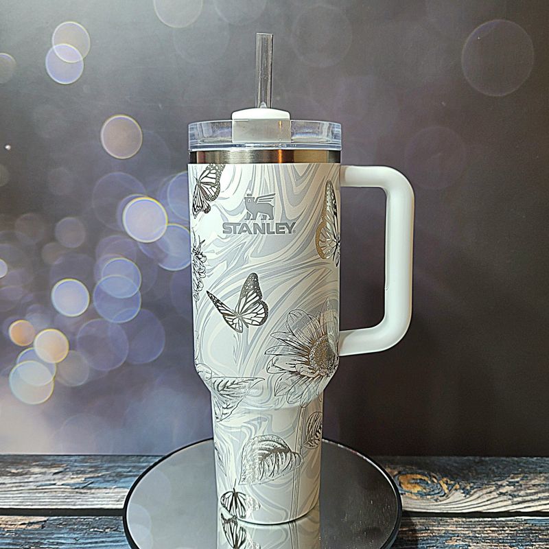 Butterfly Sunflower Stanley, Wildflower Engraved Tumbler, Personalized Tumbler, Matching Topper (30oz Charcoal H2.0, Design Only)