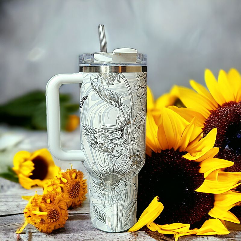 Butterfly Sunflower Stanley, Wildflower Engraved Tumbler, Personalized Tumbler, Matching Topper (30oz Charcoal H2.0, Design Only)