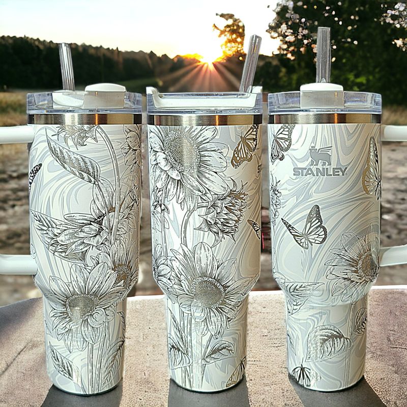 Butterfly Sunflower Stanley, Wildflower Engraved Tumbler, Personalized Tumbler, Matching Topper (30oz Charcoal H2.0, Design Only)
