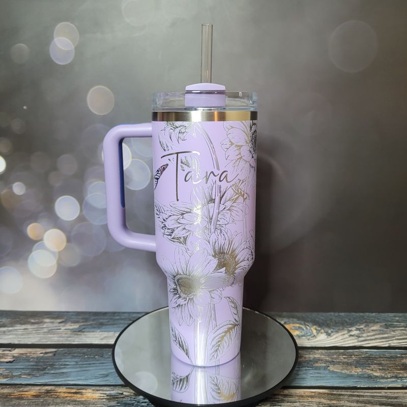 Butterfly Sunflower Stanley, Wildflower Engraved Tumbler, Personalized Tumbler, Matching Topper (30oz Charcoal H2.0, Design Only)