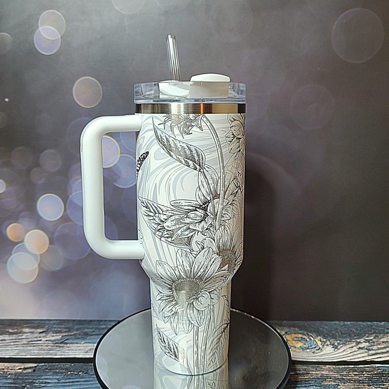 Butterfly Sunflower Stanley, Wildflower Engraved Tumbler, Personalized Tumbler, Matching Topper (30oz Charcoal H2.0, Design Only)