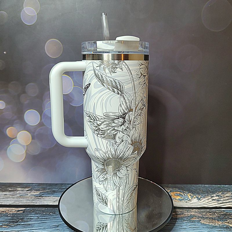 Butterfly Sunflower Stanley, Wildflower Engraved Tumbler, Personalized Tumbler, Matching Topper (30oz Charcoal H2.0, Design Only)