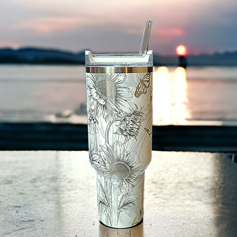 Butterfly Sunflower Stanley, Wildflower Engraved Tumbler, Personalized Tumbler, Matching Topper (30oz Charcoal H2.0, Design Only)