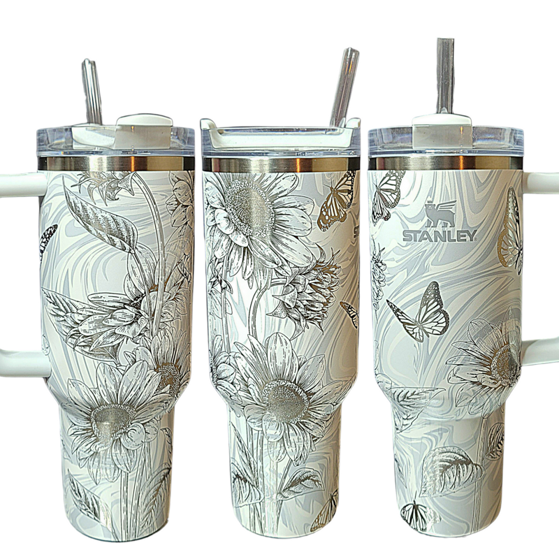 Butterfly Sunflower Stanley, Wildflower Engraved Tumbler, Personalized Tumbler, Matching Topper (30oz Charcoal H2.0, Design Only)