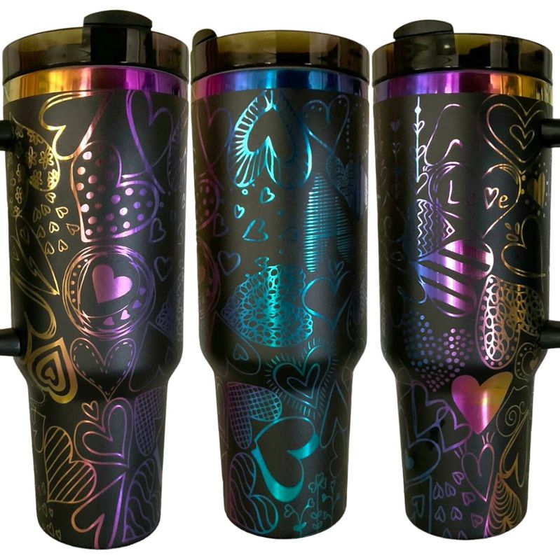 Rainbow Heart Tumbler, 40oz Rainbow Tumbler, Valentine's Day, Cupid Engraved Cup, Holographic Tumbler, Laser Engraved Holographic Tumbler (Black Rainbow, Design Only)