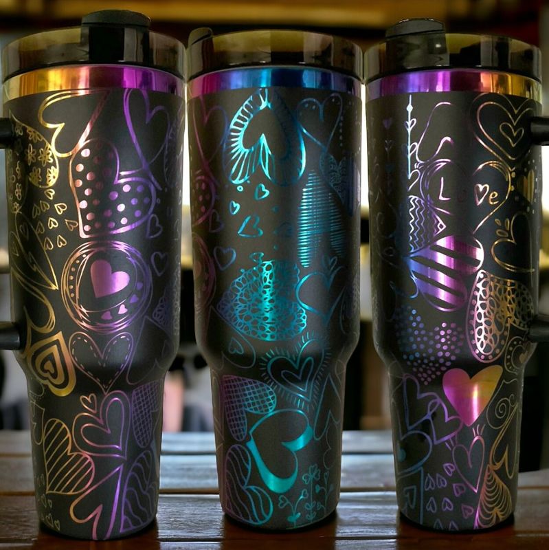 Rainbow Heart Tumbler, 40oz Rainbow Tumbler, Valentine's Day, Cupid Engraved Cup, Holographic Tumbler, Laser Engraved Holographic Tumbler (Black Rainbow, Design Only)