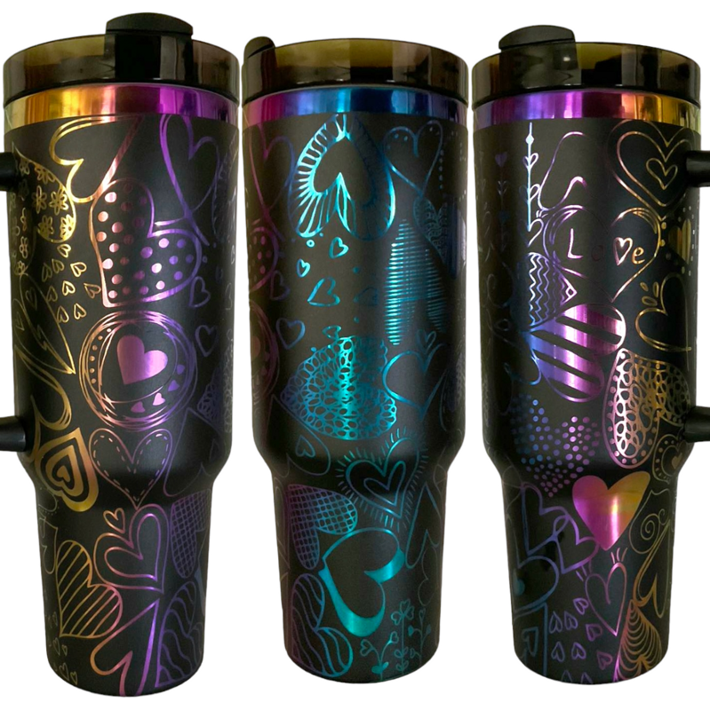 Rainbow Heart Tumbler, 40oz Rainbow Tumbler, Valentine's Day, Cupid Engraved Cup, Holographic Tumbler, Laser Engraved Holographic Tumbler (Black Rainbow, Design Only)