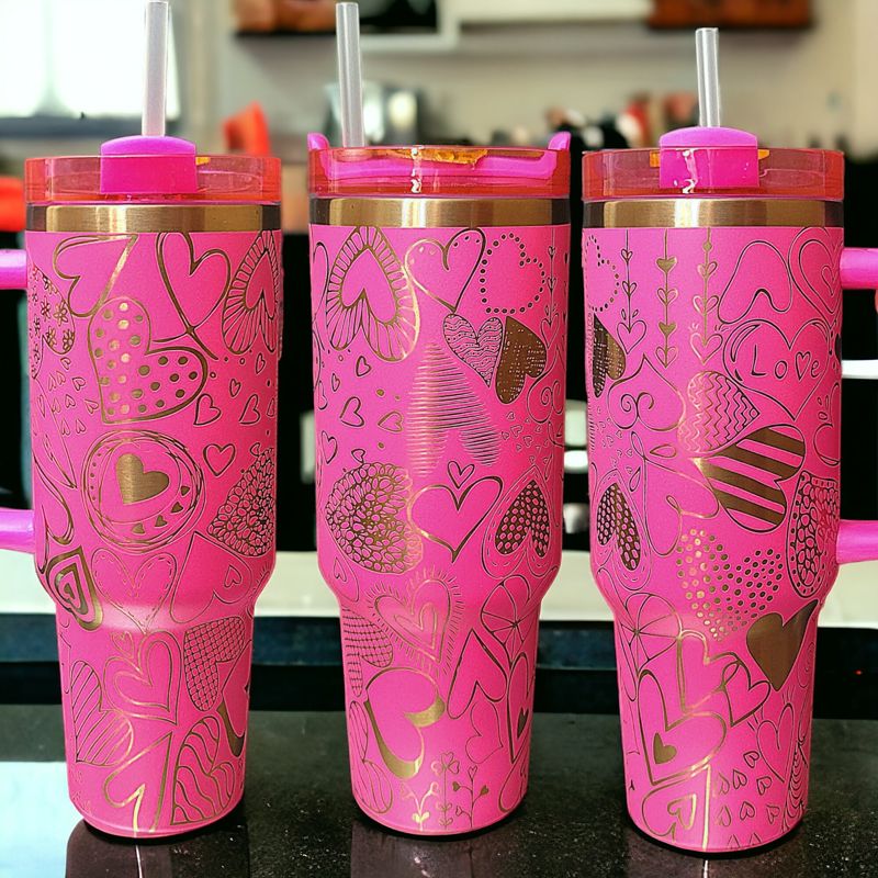 Heart Tumbler, 40oz Copper Heart Doodle Tumbler, Valentine's Day, Cupid Engraved Cup, Copper Tumbler, Laser Engraved Copper Tumbler (Black Copper)