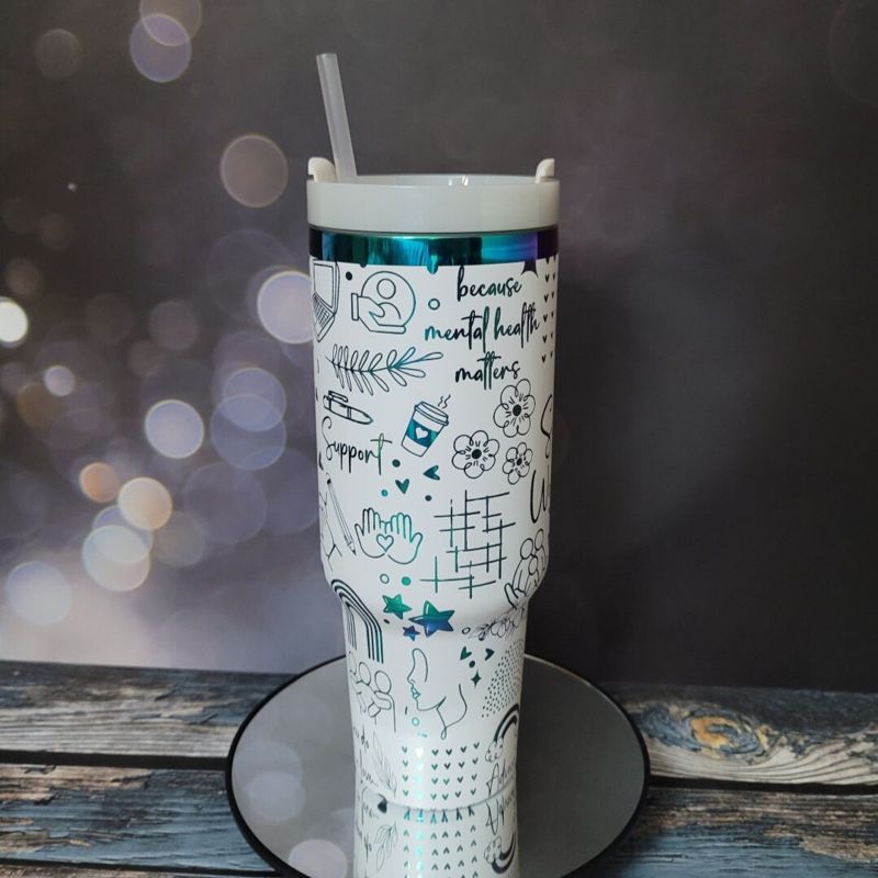Social Worker Tumbler, 40oz Rainbow Tumbler, Mental Health Matters, Empowerment Cup, Holographic Tumbler, Laser Engraved Holographic Tumbler (Black Rainbow, Design Only)