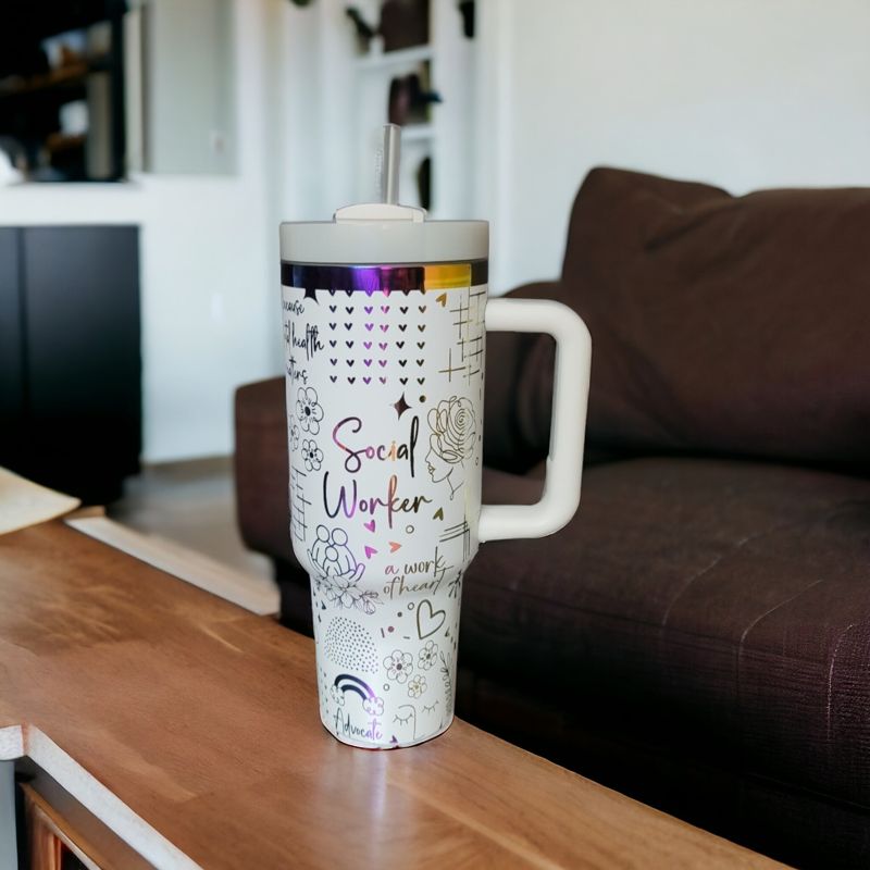 Social Worker Tumbler, 40oz Rainbow Tumbler, Mental Health Matters, Empowerment Cup, Holographic Tumbler, Laser Engraved Holographic Tumbler (Black Rainbow, Design Only)