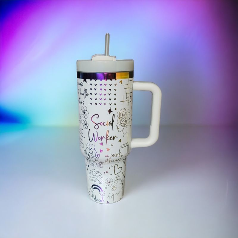 Social Worker Tumbler, 40oz Rainbow Tumbler, Mental Health Matters, Empowerment Cup, Holographic Tumbler, Laser Engraved Holographic Tumbler (Black Rainbow, Design Only)
