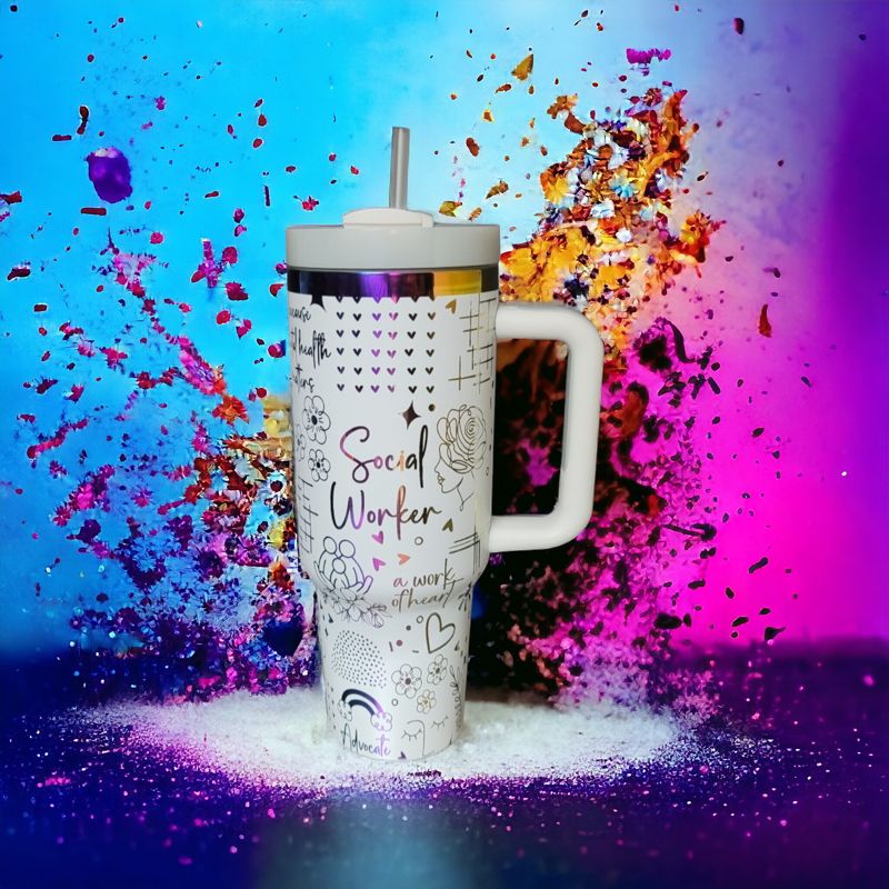 Social Worker Tumbler, 40oz Rainbow Tumbler, Mental Health Matters, Empowerment Cup, Holographic Tumbler, Laser Engraved Holographic Tumbler (Black Rainbow, Design Only)