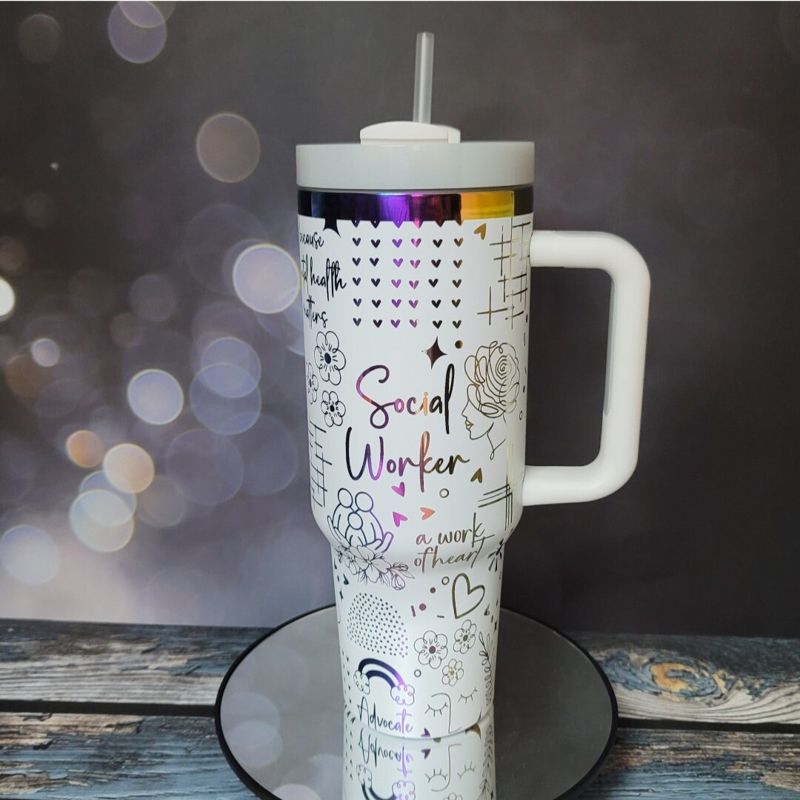 Social Worker Tumbler, 40oz Rainbow Tumbler, Mental Health Matters, Empowerment Cup, Holographic Tumbler, Laser Engraved Holographic Tumbler (Black Rainbow, Design Only)