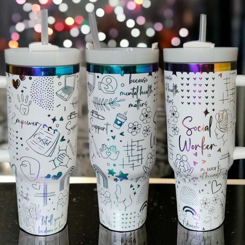 Social Worker Tumbler, 40oz Rainbow Tumbler, Mental Health Matters, Empowerment Cup, Holographic Tumbler, Laser Engraved Holographic Tumbler (Black Rainbow, Design Only)