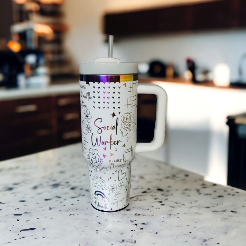 Social Worker Tumbler, 40oz Rainbow Tumbler, Mental Health Matters, Empowerment Cup, Holographic Tumbler, Laser Engraved Holographic Tumbler (Black Rainbow, Design Only)