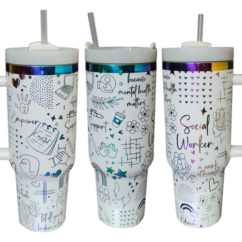 Social Worker Tumbler, 40oz Rainbow Tumbler, Mental Health Matters, Empowerment Cup, Holographic Tumbler, Laser Engraved Holographic Tumbler (Black Rainbow, Design Only)