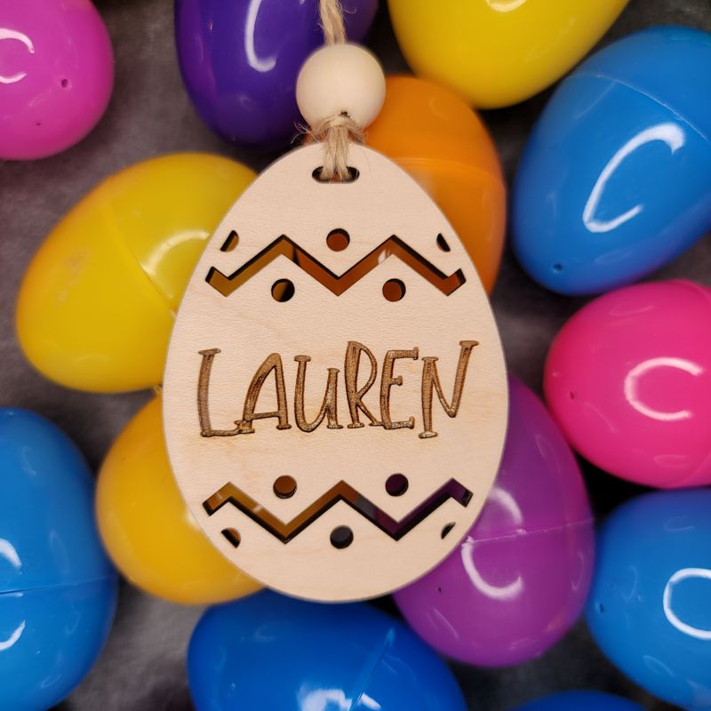 Personalized Wooden Easter Basket Tags - Bunny, Egg, or Dinosaur Design