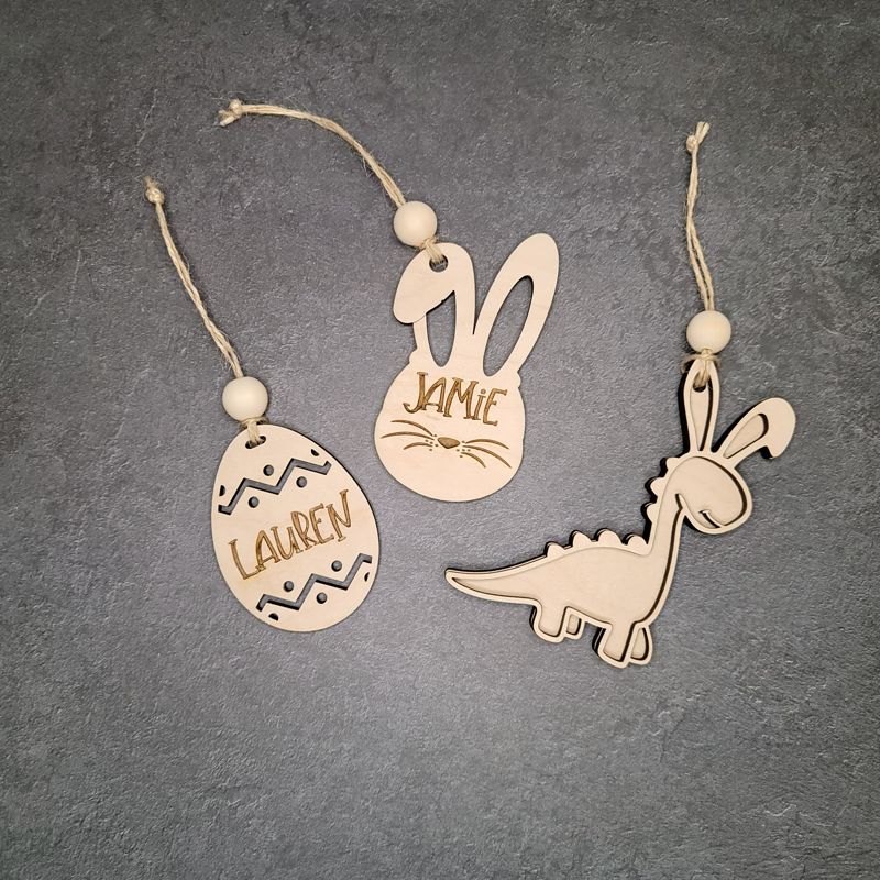 Personalized Wooden Easter Basket Tags - Bunny, Egg, or Dinosaur Design