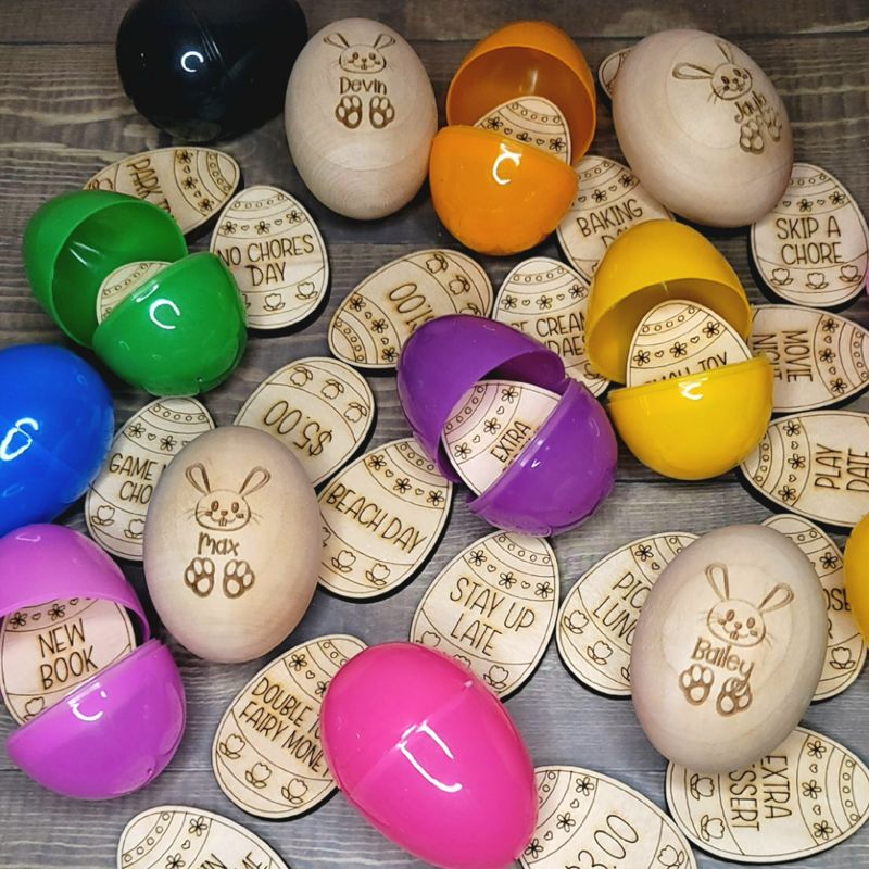 Reusable Wooden Engraved Easter Eggs - Candy Alternative with Activities
