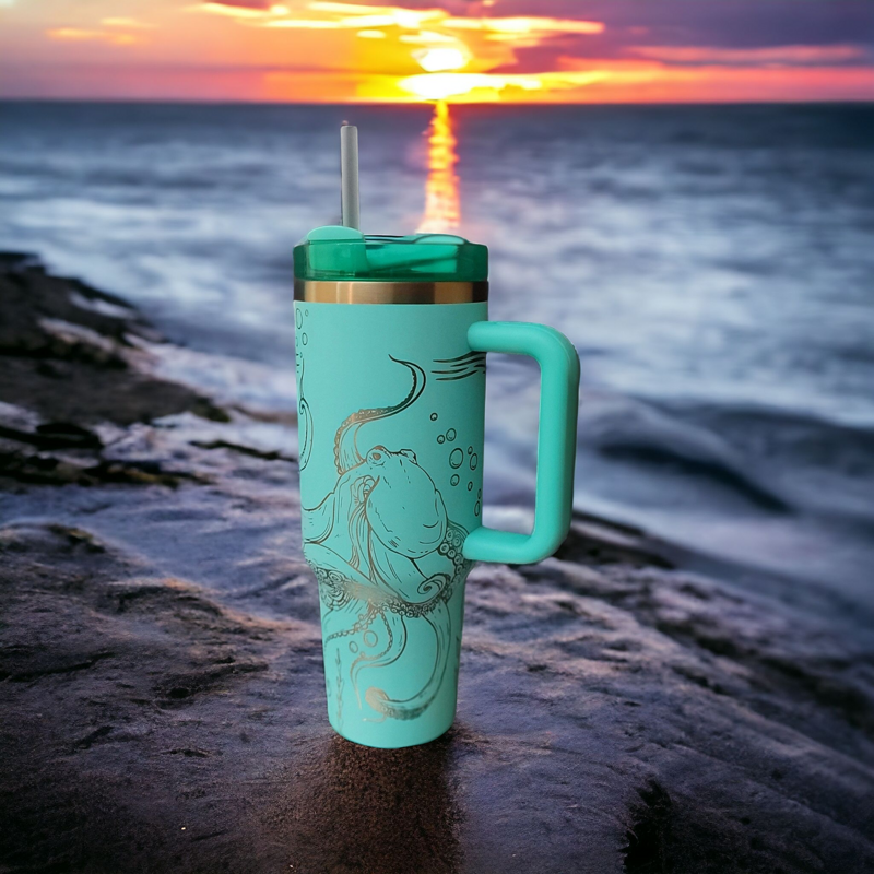 Laser Engraved Sea Creatures Tumbler - Octopus, Sea Turtle, Jellyfish Design - Ocean Themed Cups, Copper Drinkware, Underwater Cup Design (Black Copper)