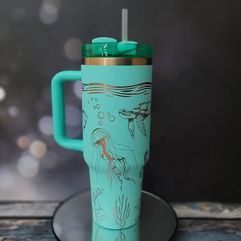 Laser Engraved Sea Creatures Tumbler - Octopus, Sea Turtle, Jellyfish Design - Ocean Themed Cups, Copper Drinkware, Underwater Cup Design (Black Copper)