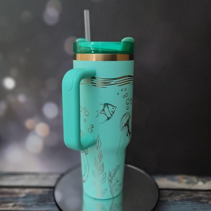 Laser Engraved Sea Creatures Tumbler - Octopus, Sea Turtle, Jellyfish Design - Ocean Themed Cups, Copper Drinkware, Underwater Cup Design (Black Copper)