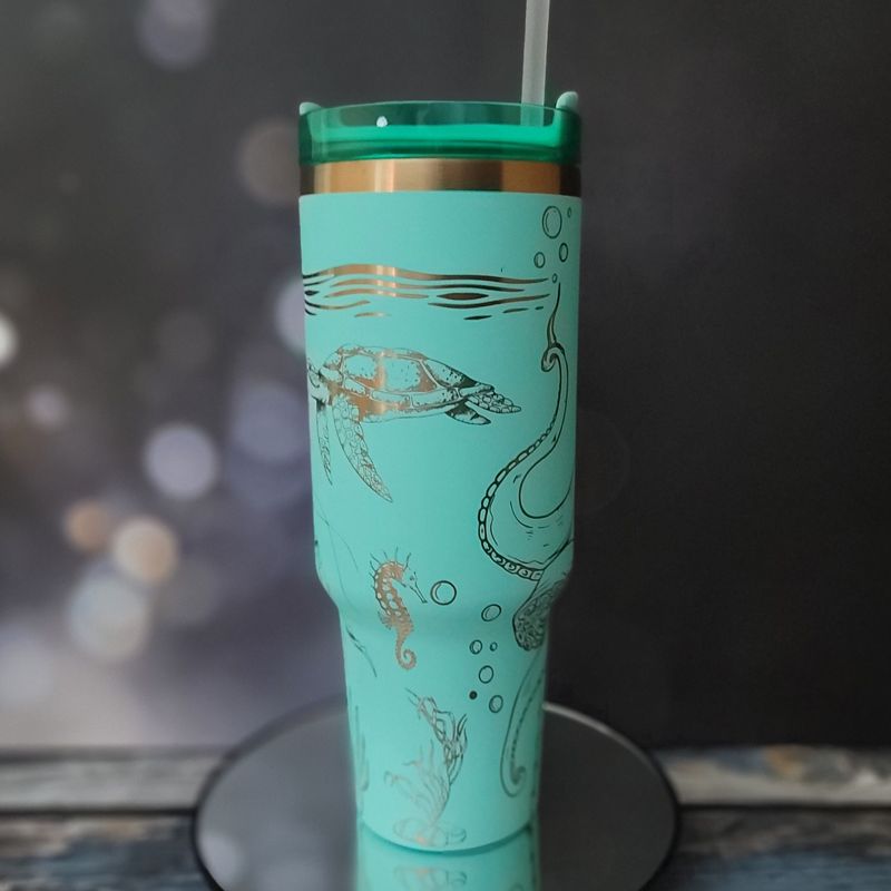Laser Engraved Sea Creatures Tumbler - Octopus, Sea Turtle, Jellyfish Design - Ocean Themed Cups, Copper Drinkware, Underwater Cup Design (Black Copper)