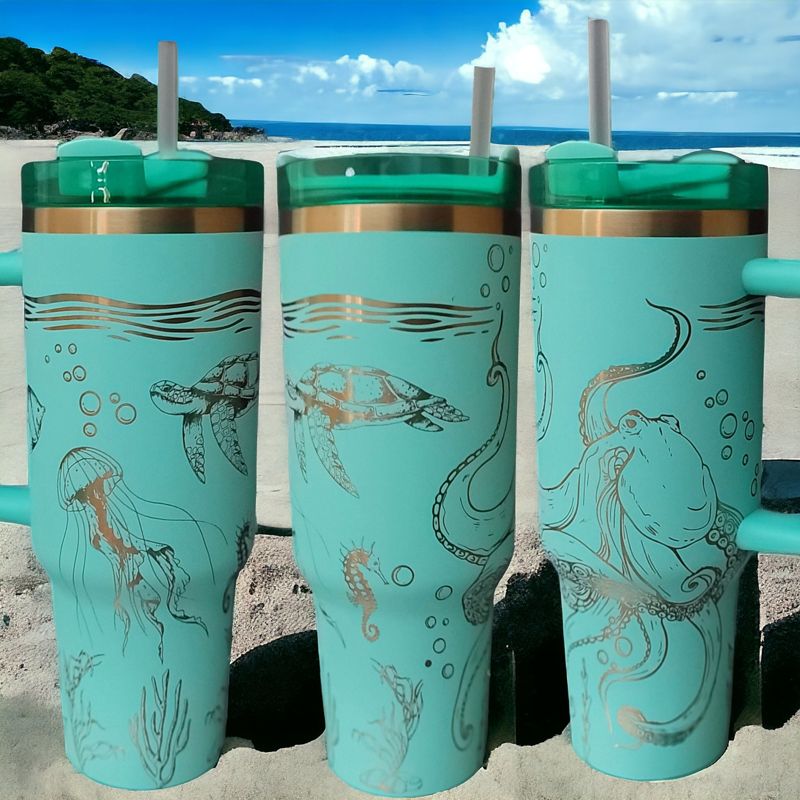 Laser Engraved Sea Creatures Tumbler - Octopus, Sea Turtle, Jellyfish Design - Ocean Themed Cups, Copper Drinkware, Underwater Cup Design (Black Copper)