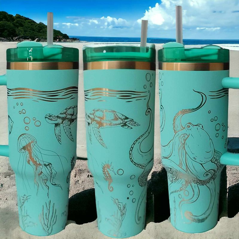 Laser Engraved Sea Creatures Tumbler - Octopus, Sea Turtle, Jellyfish Design - Ocean Themed Cups, Copper Drinkware, Underwater Cup Design (Black Copper)